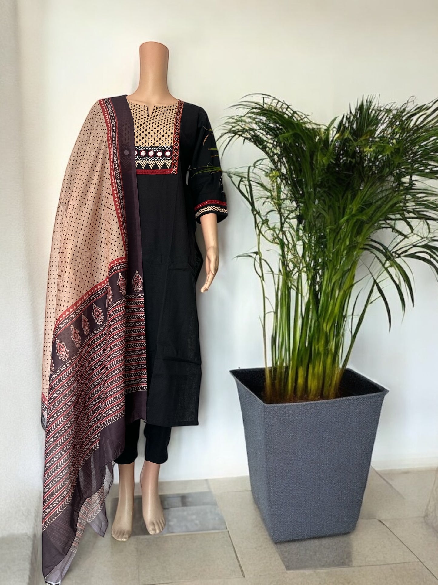 Black cotton solid kurti set