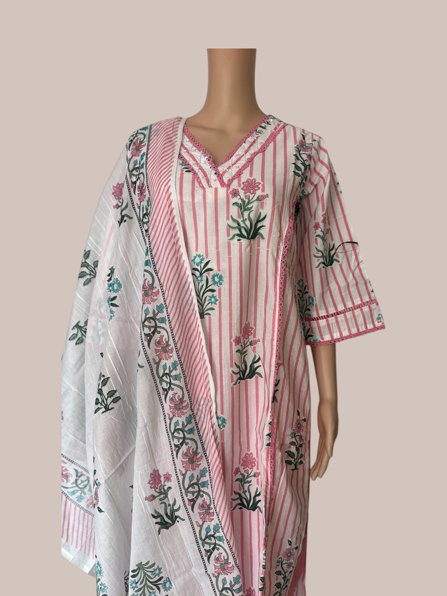 Pink stripe printed straight Kurti set