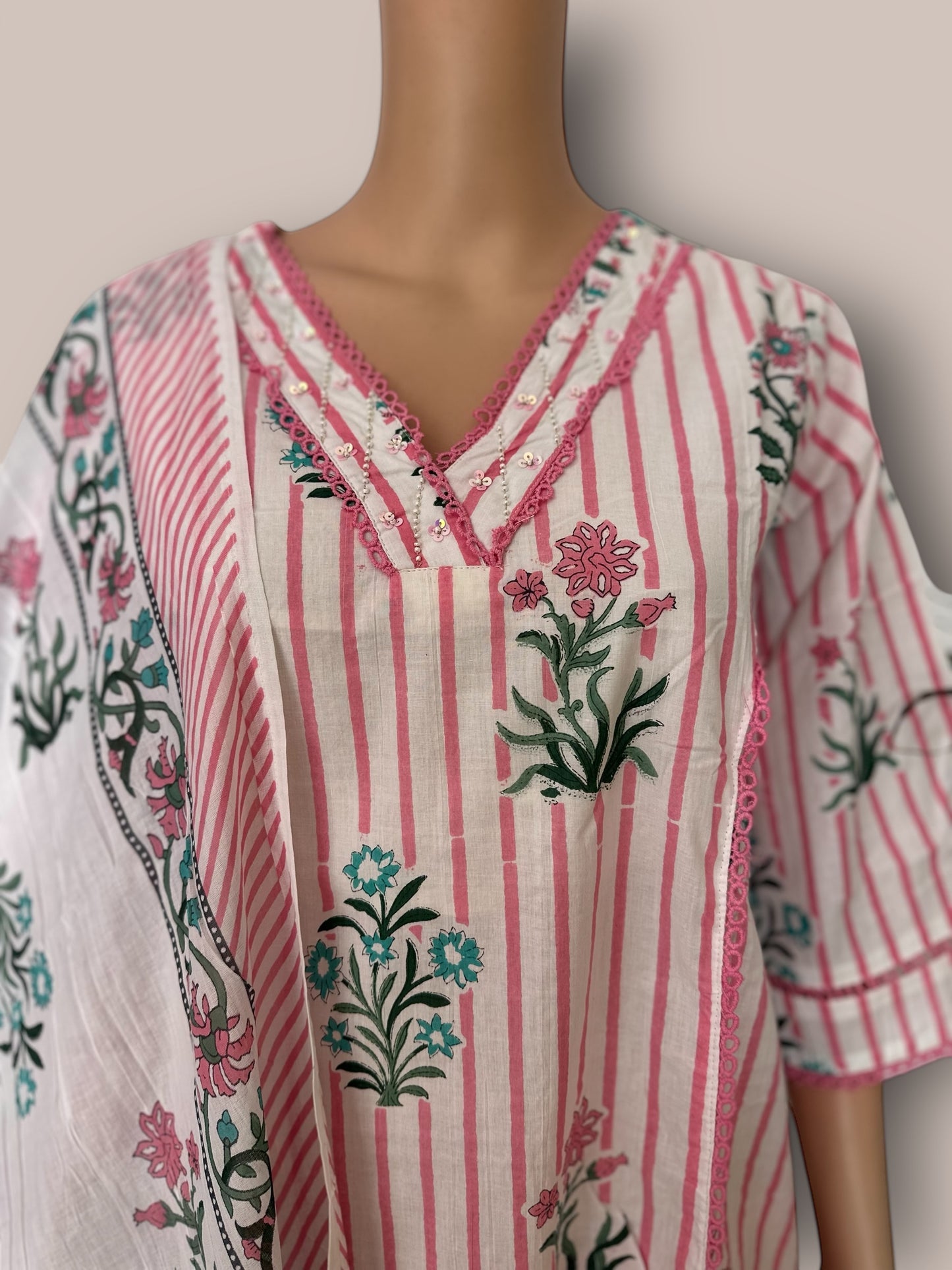 Pink stripe printed straight Kurti set