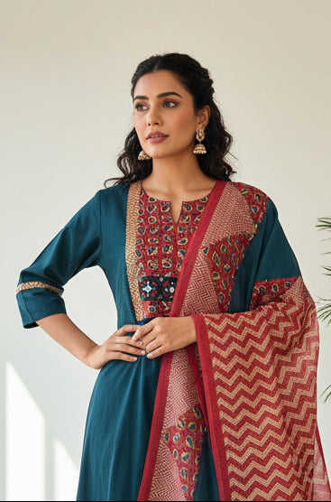 Green mirror work straight Kurti set