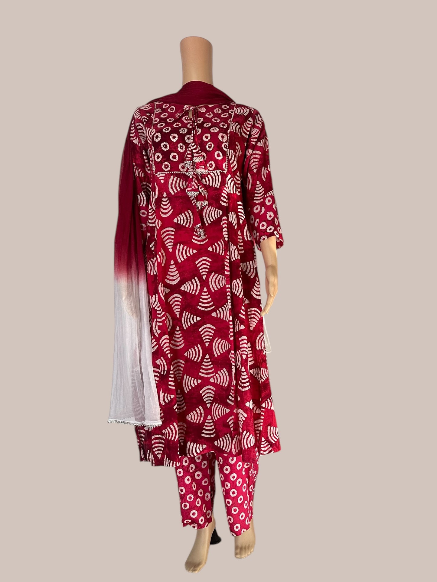 Red block printed Aline kurti set