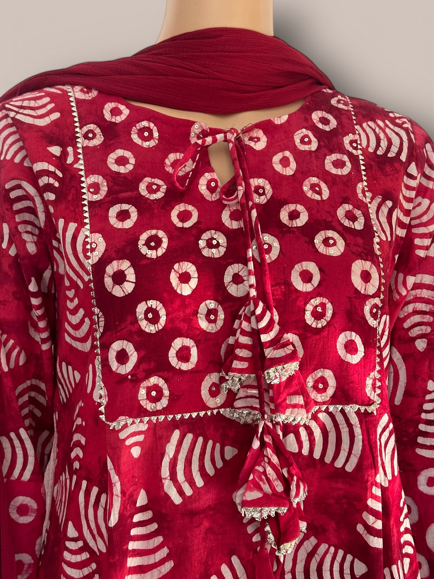 Red block printed Aline kurti set