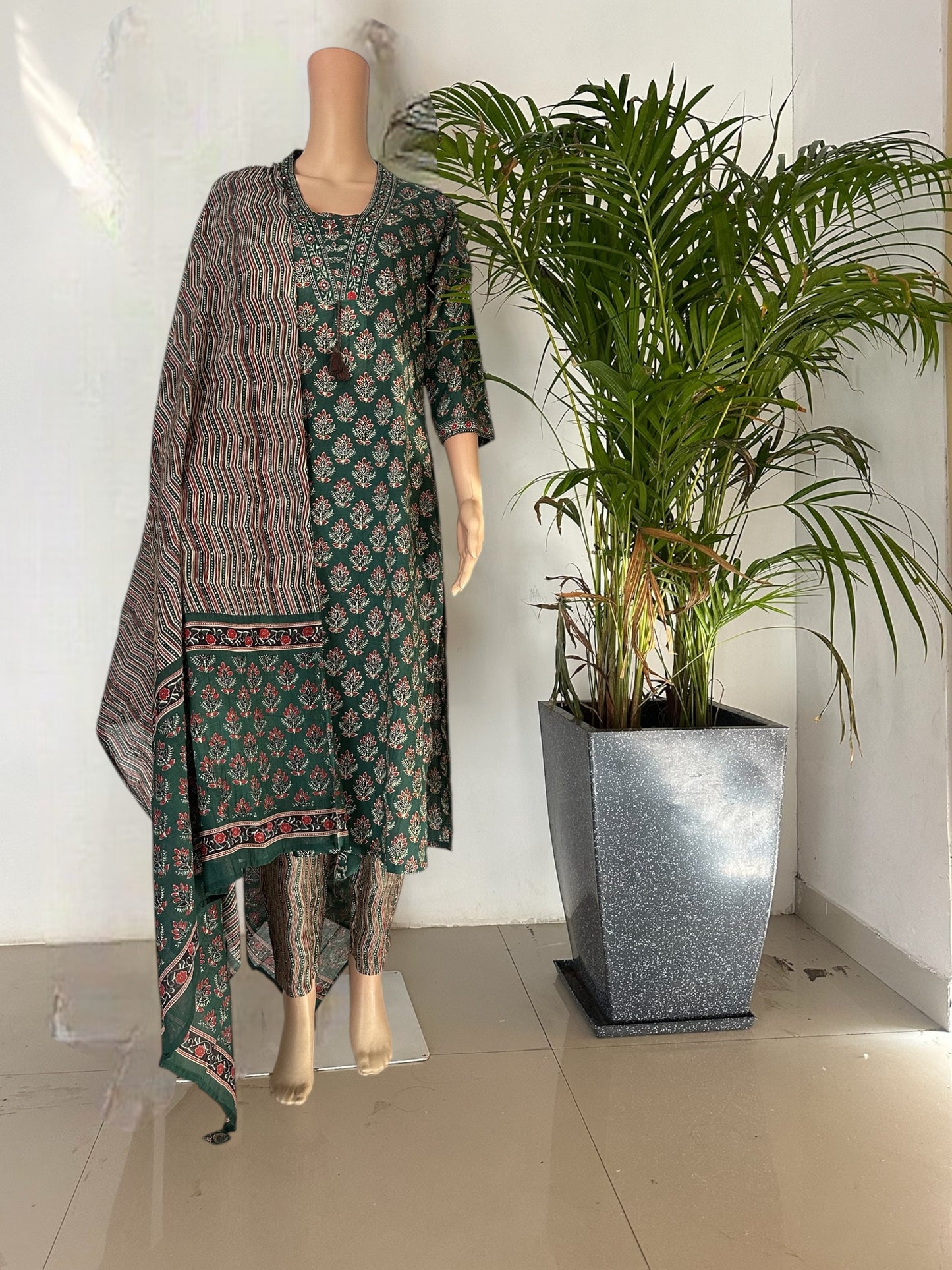 Green cotton printed 3 piece set