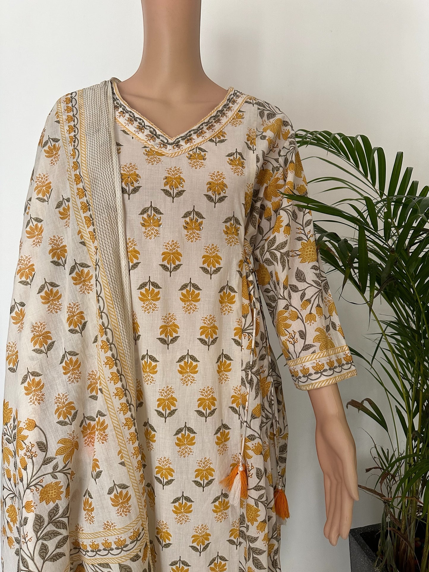 Yellow Block print A-line Kurti set