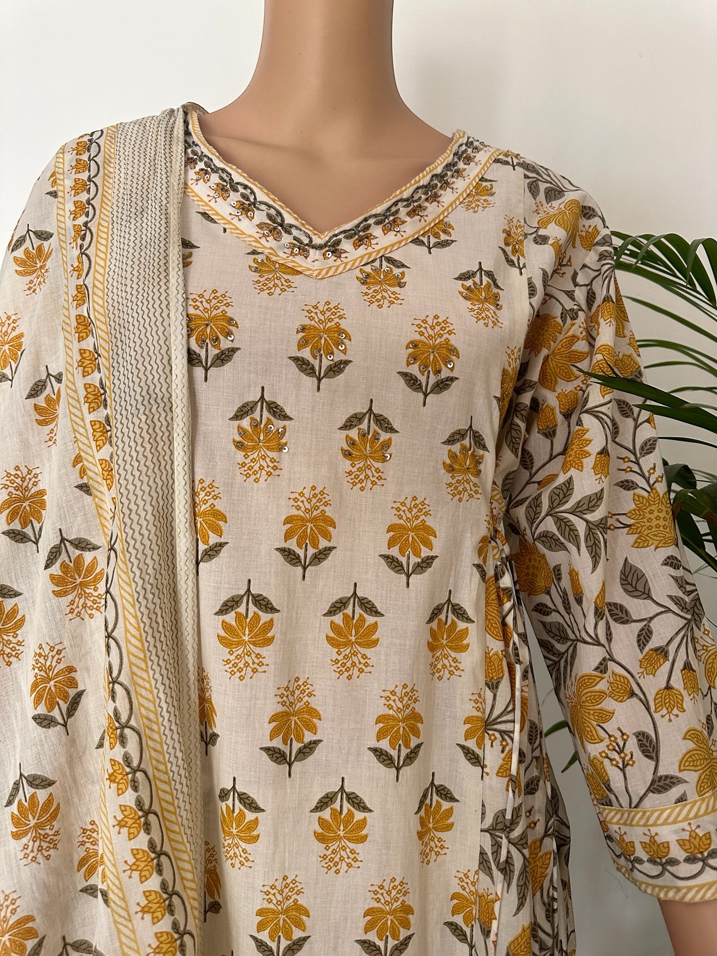 Yellow Block print A-line Kurti set