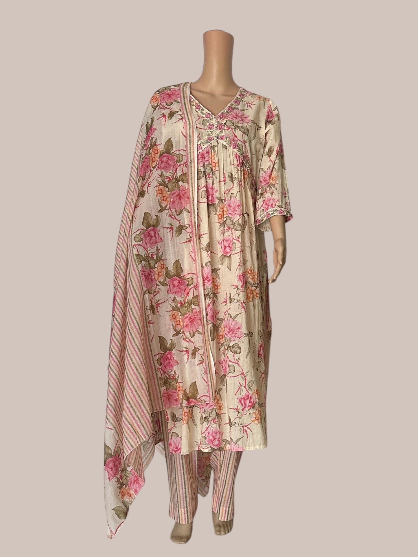 Pink & Beige printed nayra cut Kurti sets