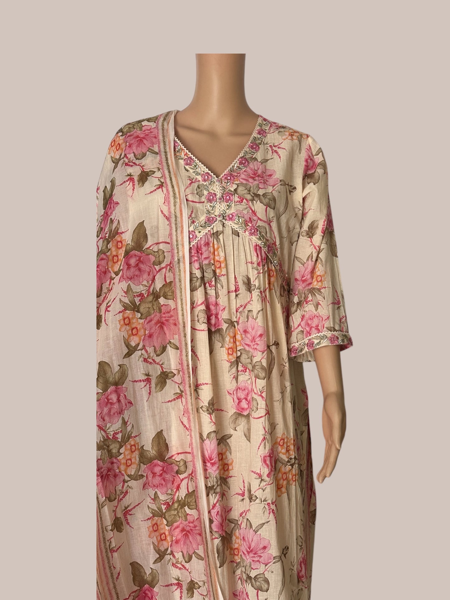 Pink & Beige printed nayra cut Kurti sets