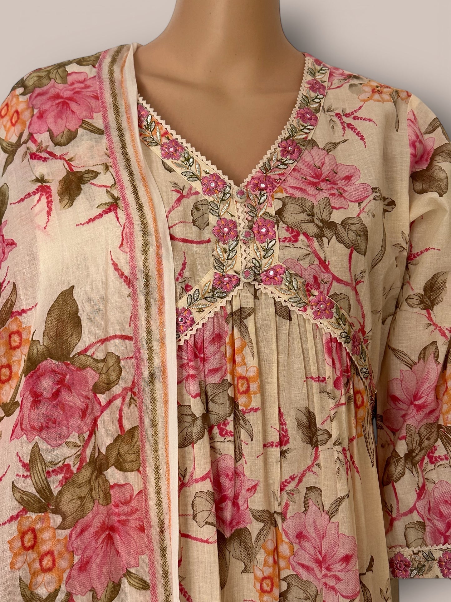 Pink & Beige printed nayra cut Kurti sets
