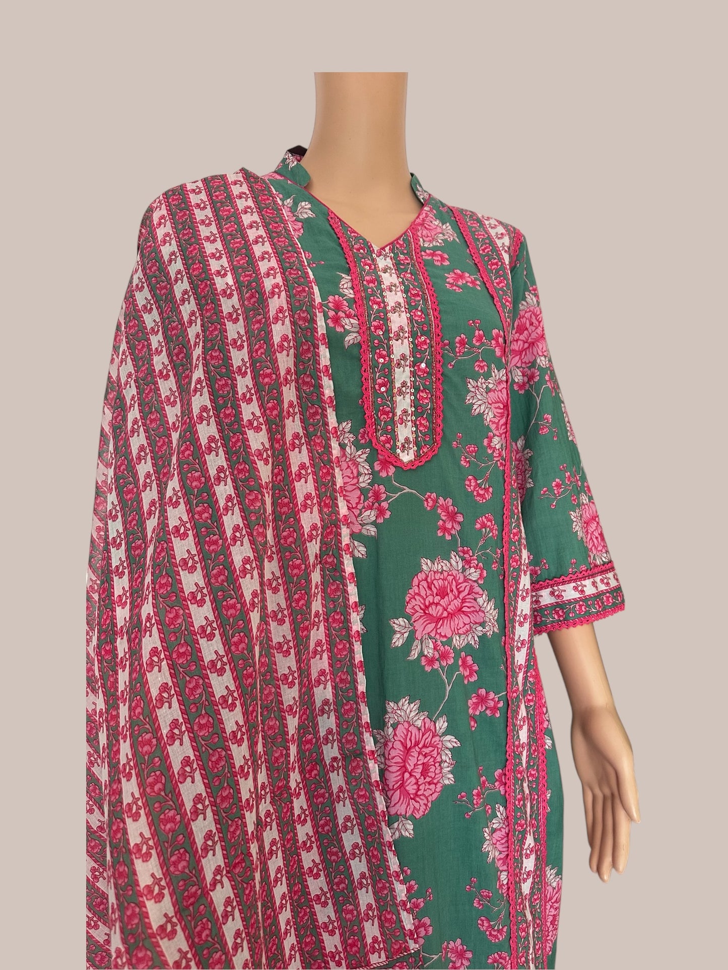 Green cotton printed kurti set
