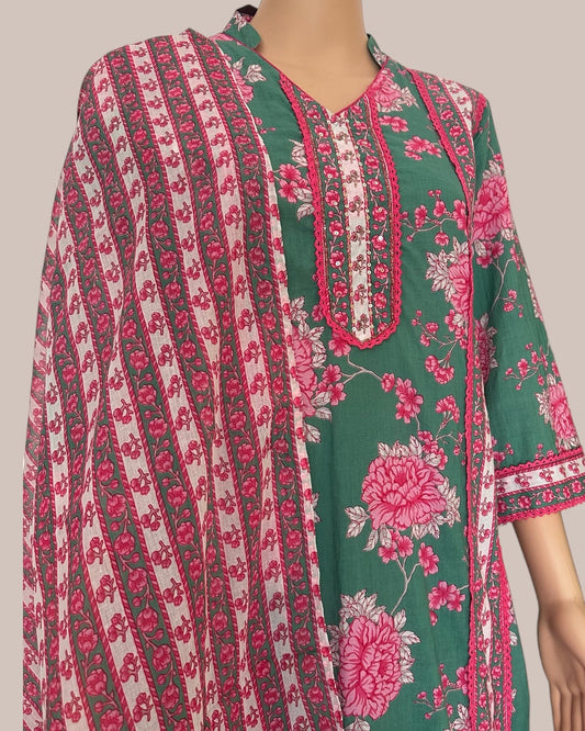 Green cotton printed kurti set
