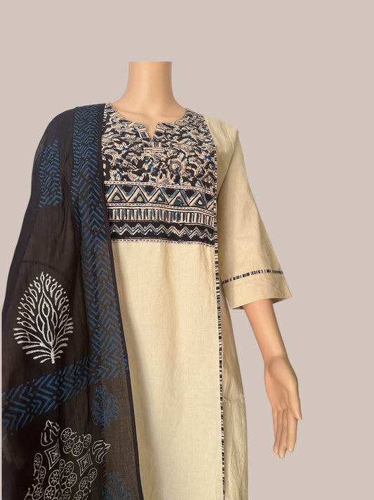 Beige & black cotton kurti set