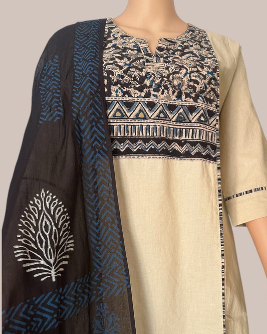 Beige & black cotton kurti set