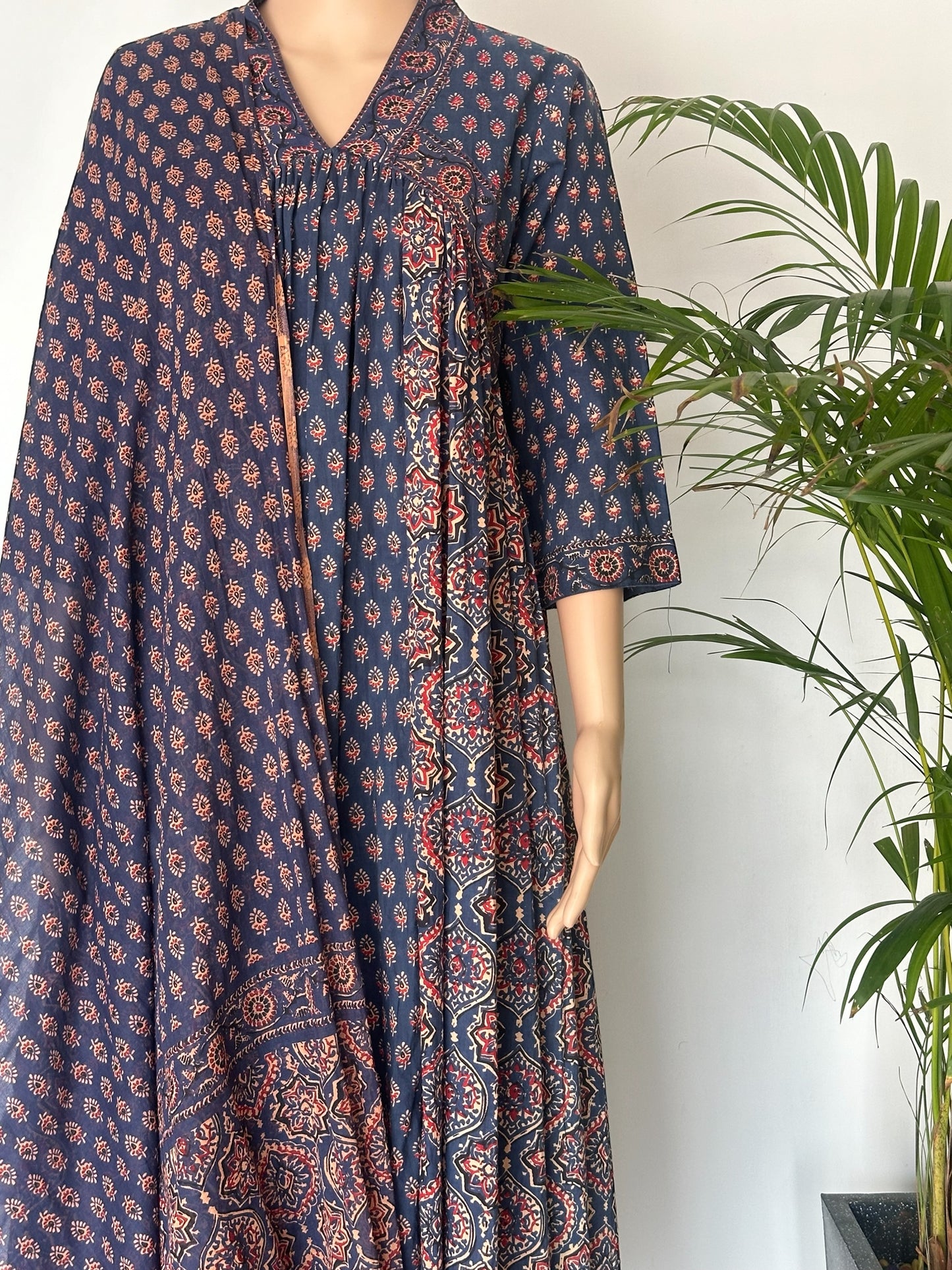 Indigo printed Anarkali kurti set