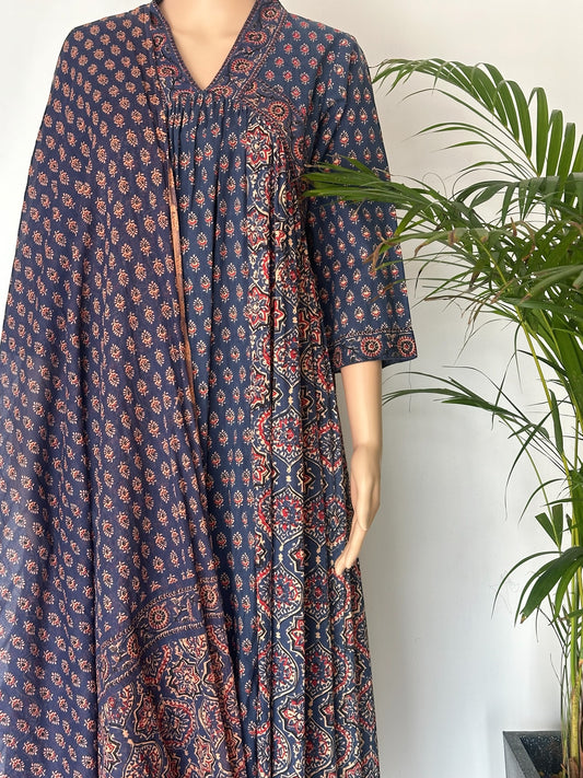 Indigo printed Anarkali kurti set