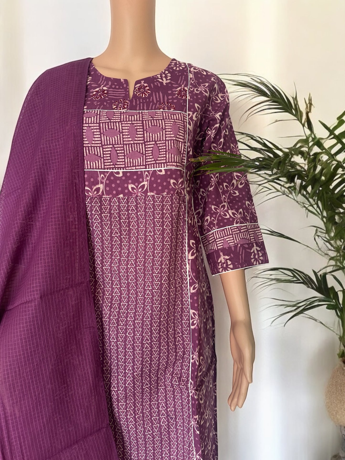 Purple cotton printed kurti set