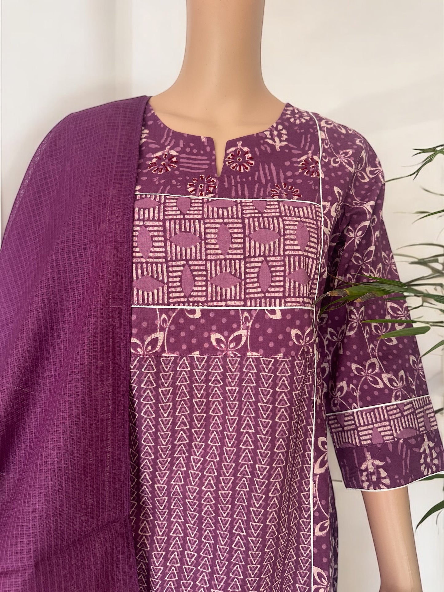 Purple cotton printed kurti set