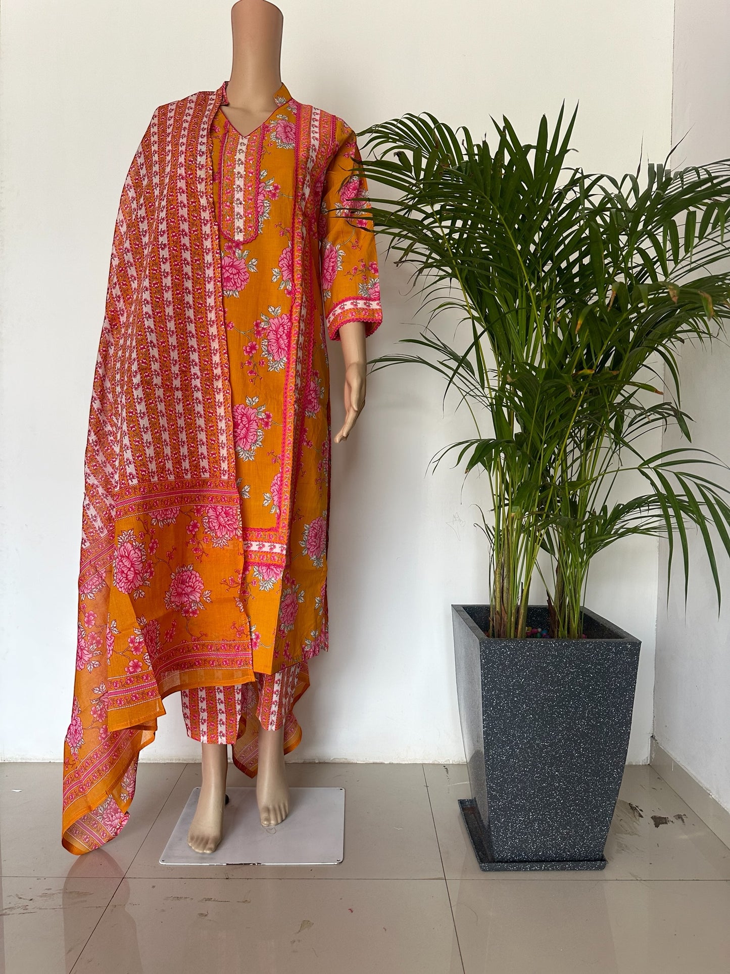 Yellow printed straight Kurti set