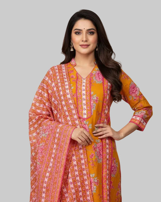 Yellow printed straight Kurti set