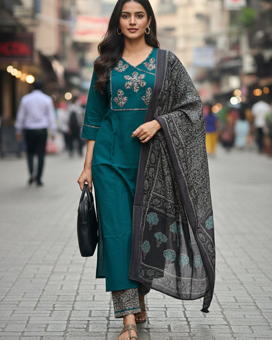 Green appliqué work solid straight Kurti set