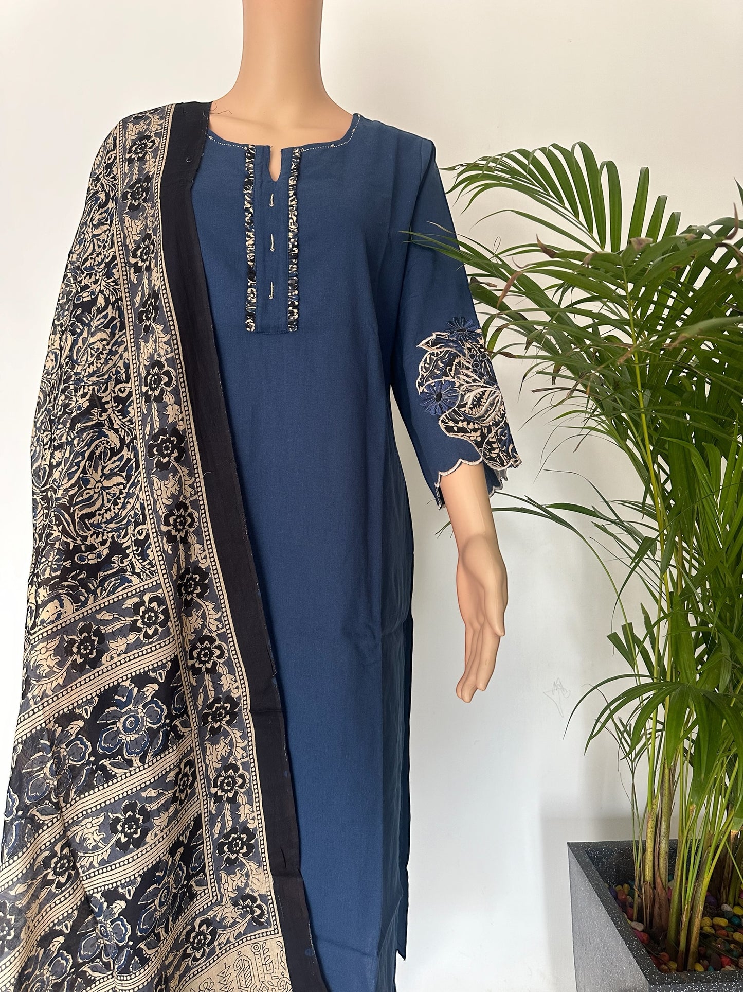 Blue appliqué work solid straight Kurti set