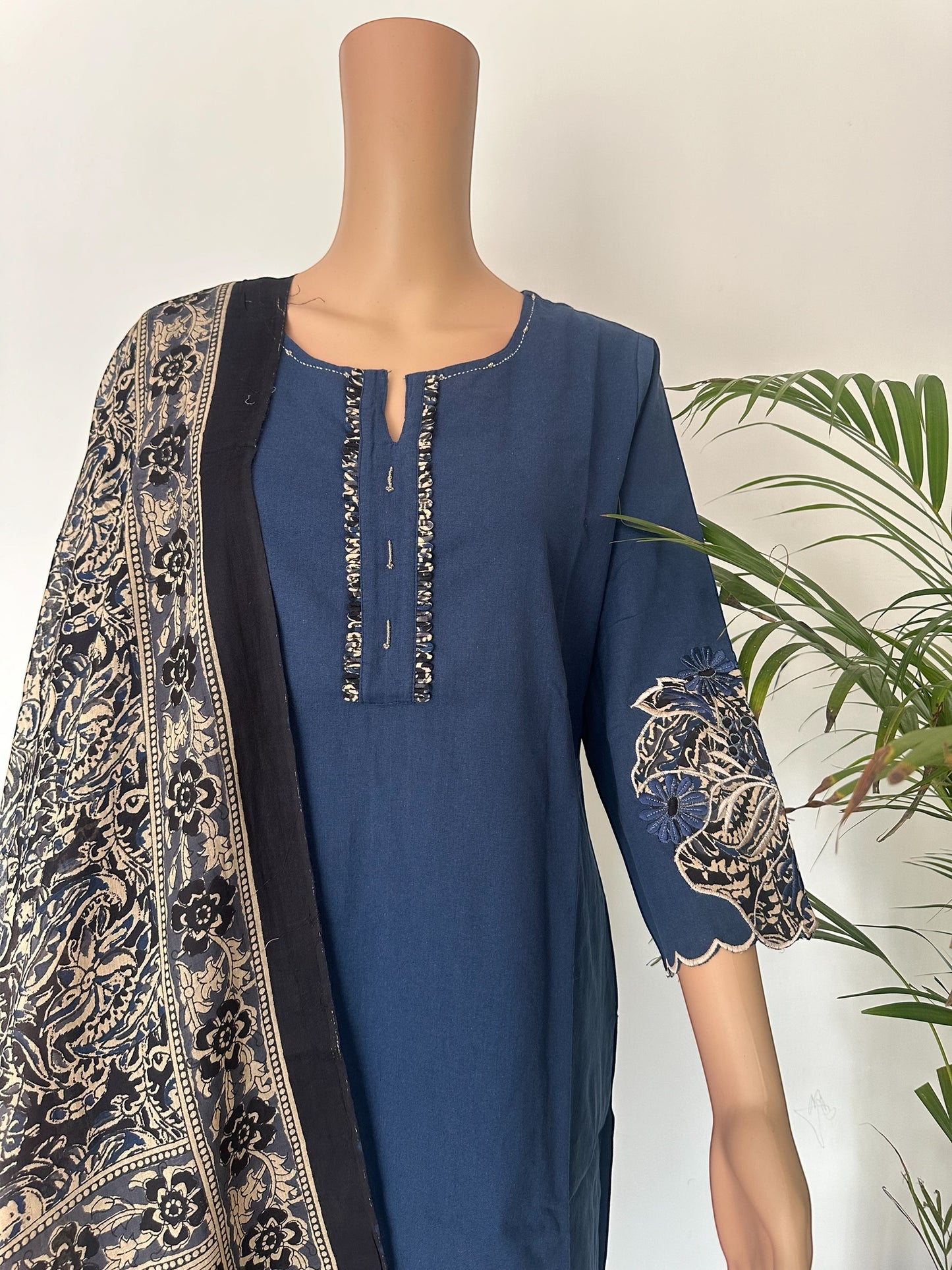 Blue appliqué work solid straight Kurti set