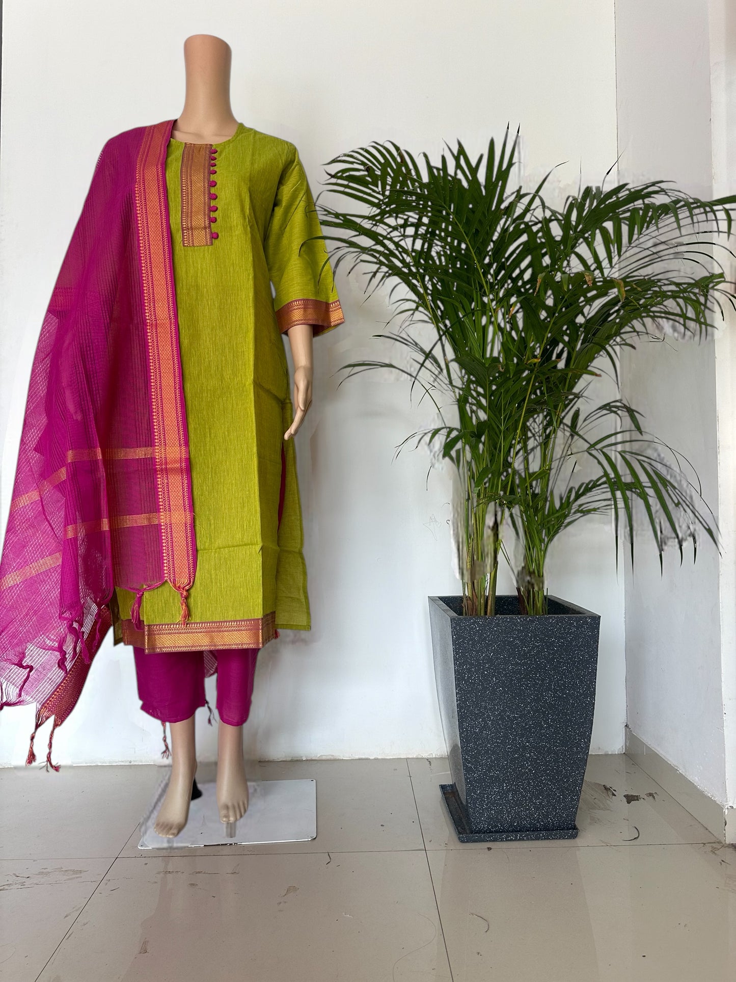 Green & Pink south cotton straight Kurti set