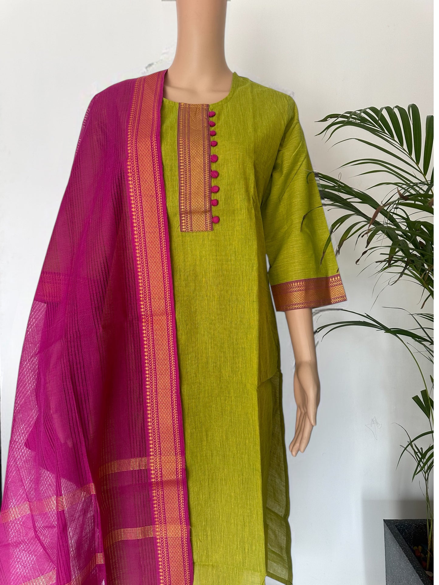 Green & Pink south cotton straight Kurti set