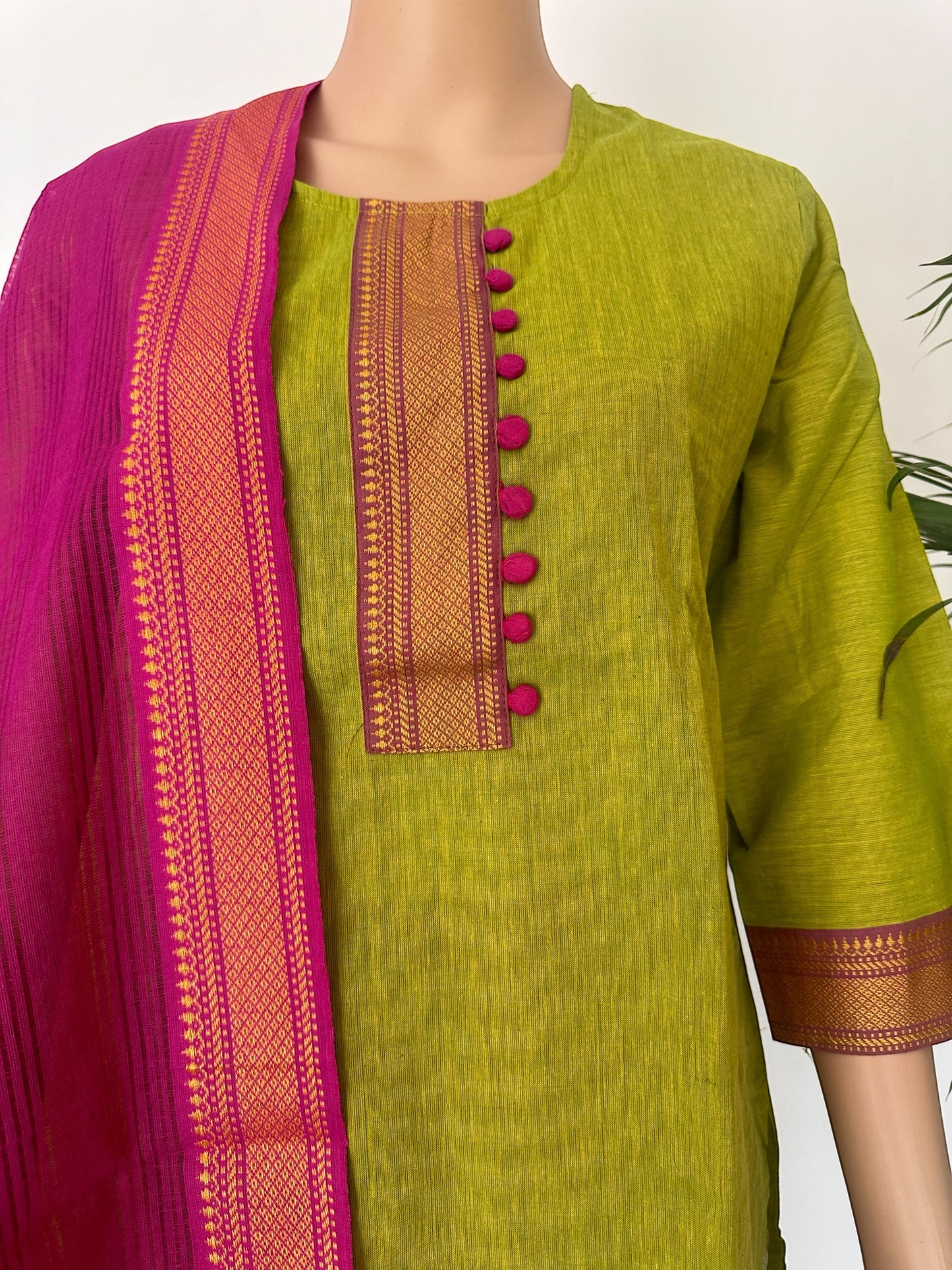 Green & Pink south cotton straight Kurti set