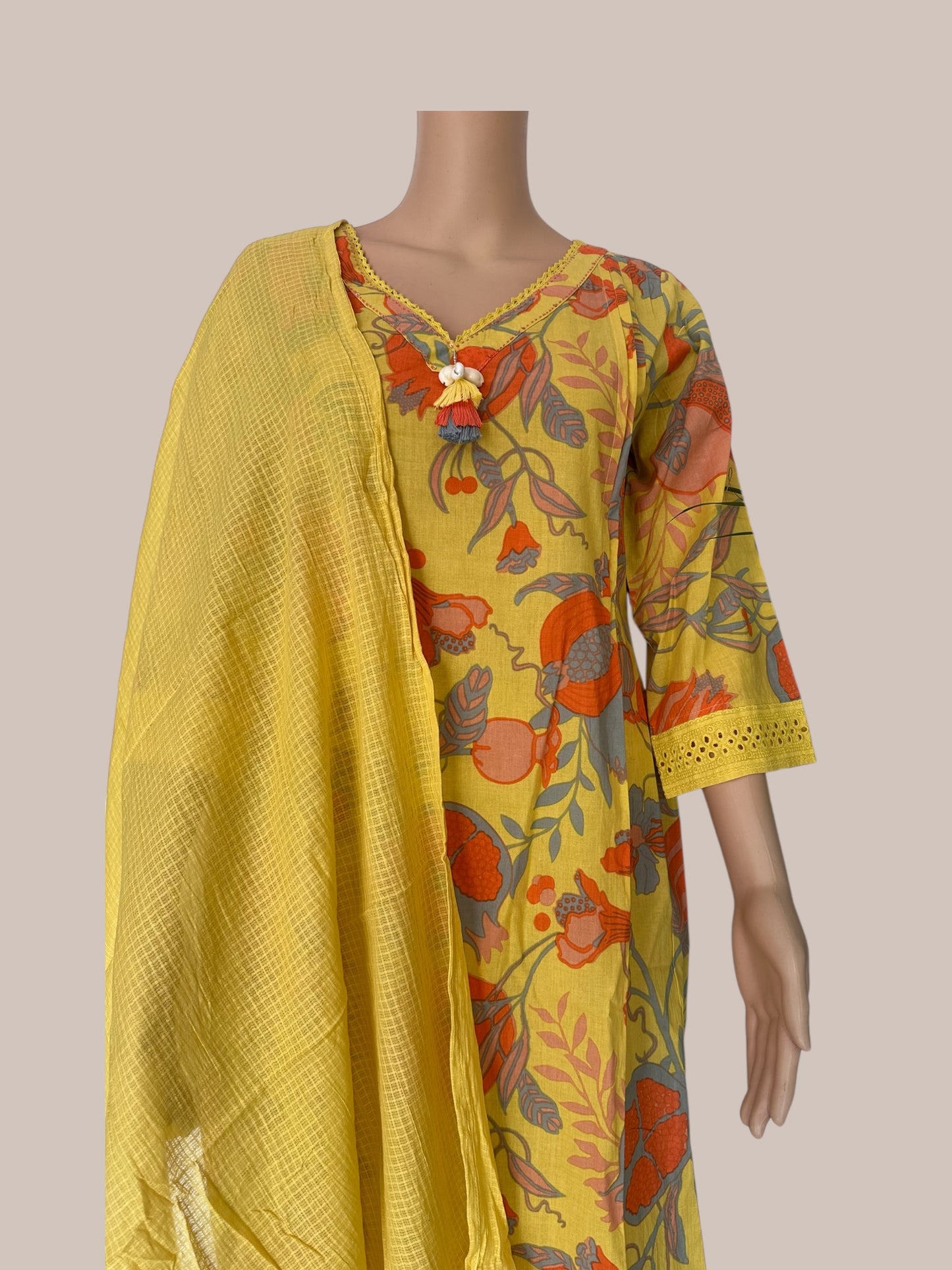 Yellowprinted straight Kurti set