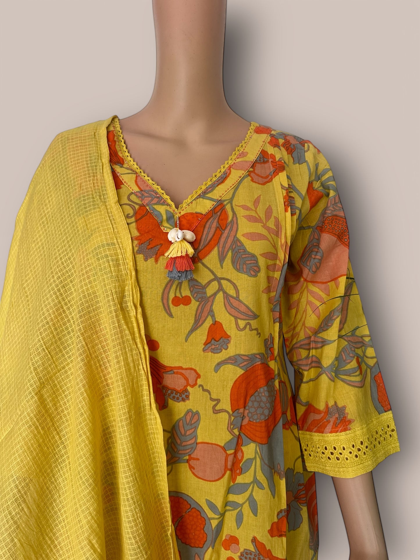 Yellowprinted straight Kurti set
