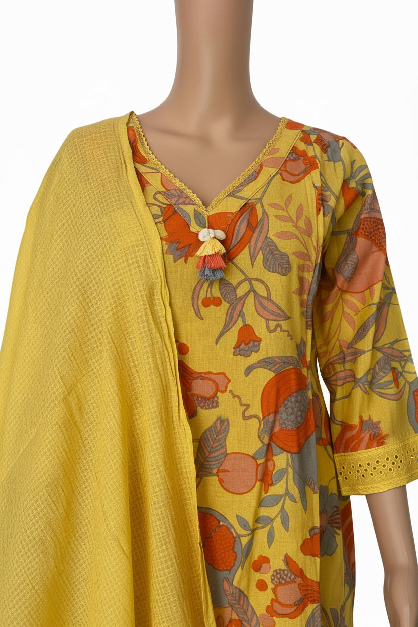 Yellowprinted straight Kurti set