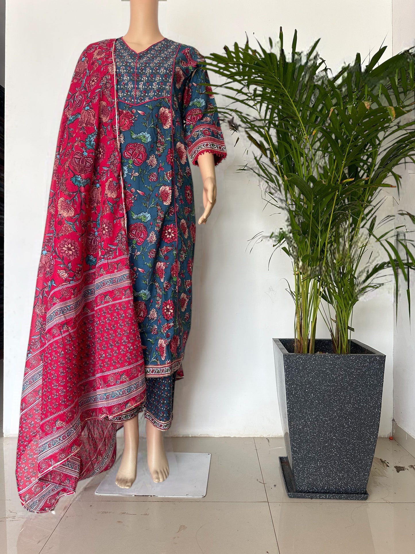 Blue& pink printed A-line Kurti set