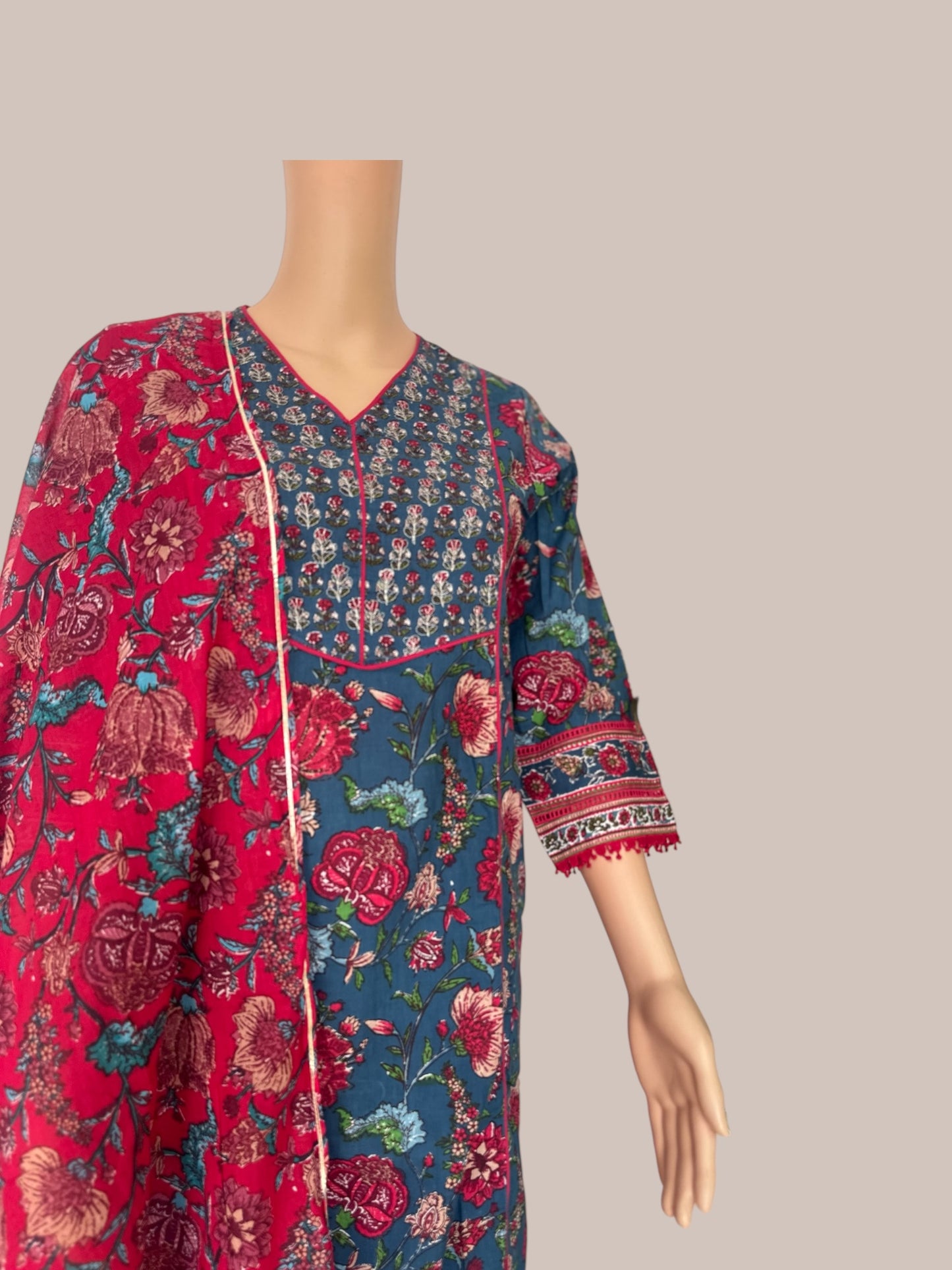 Blue& pink printed A-line Kurti set