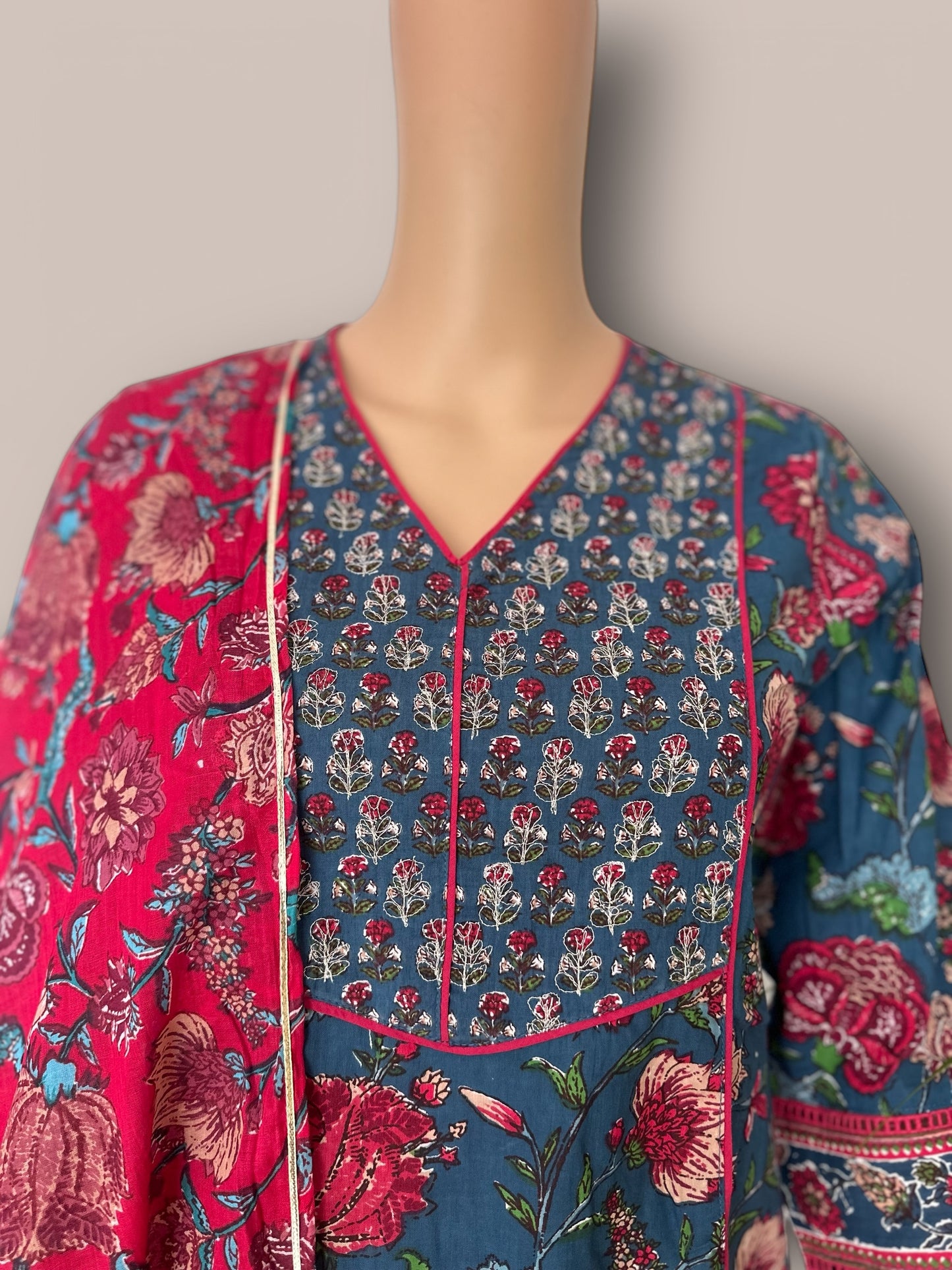 Blue& pink printed A-line Kurti set