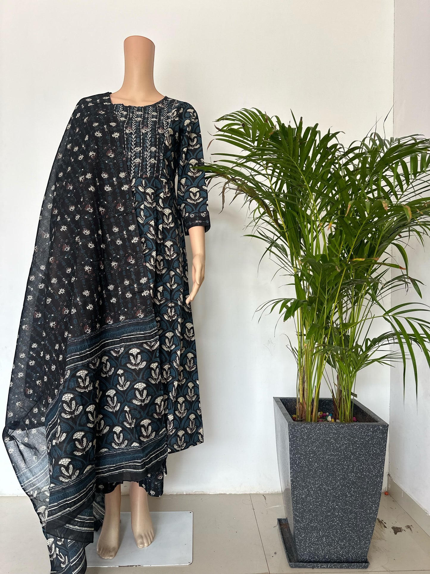 Black printed A-line Kurti set