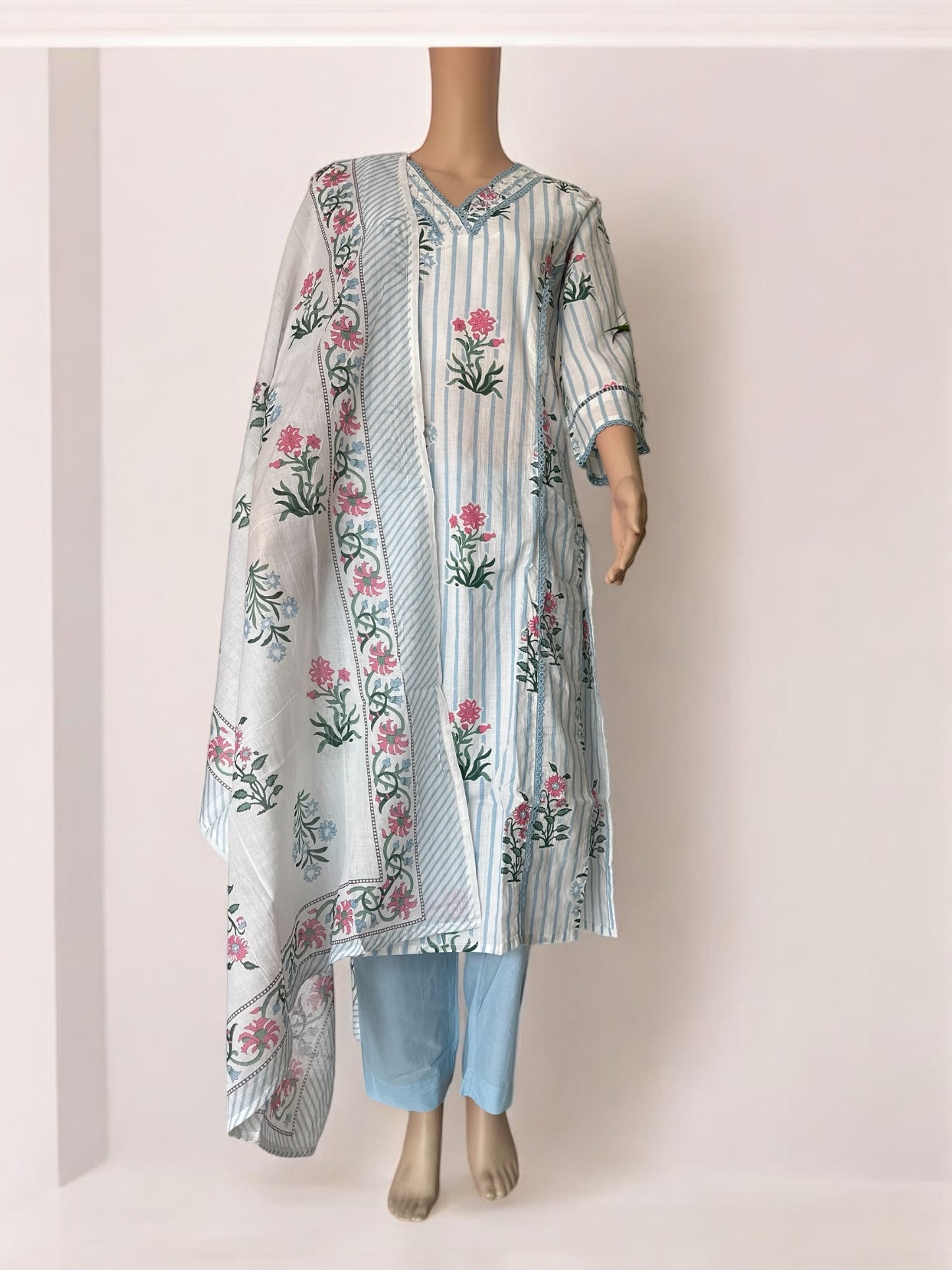 Blue stripe cotton printed kurti sets