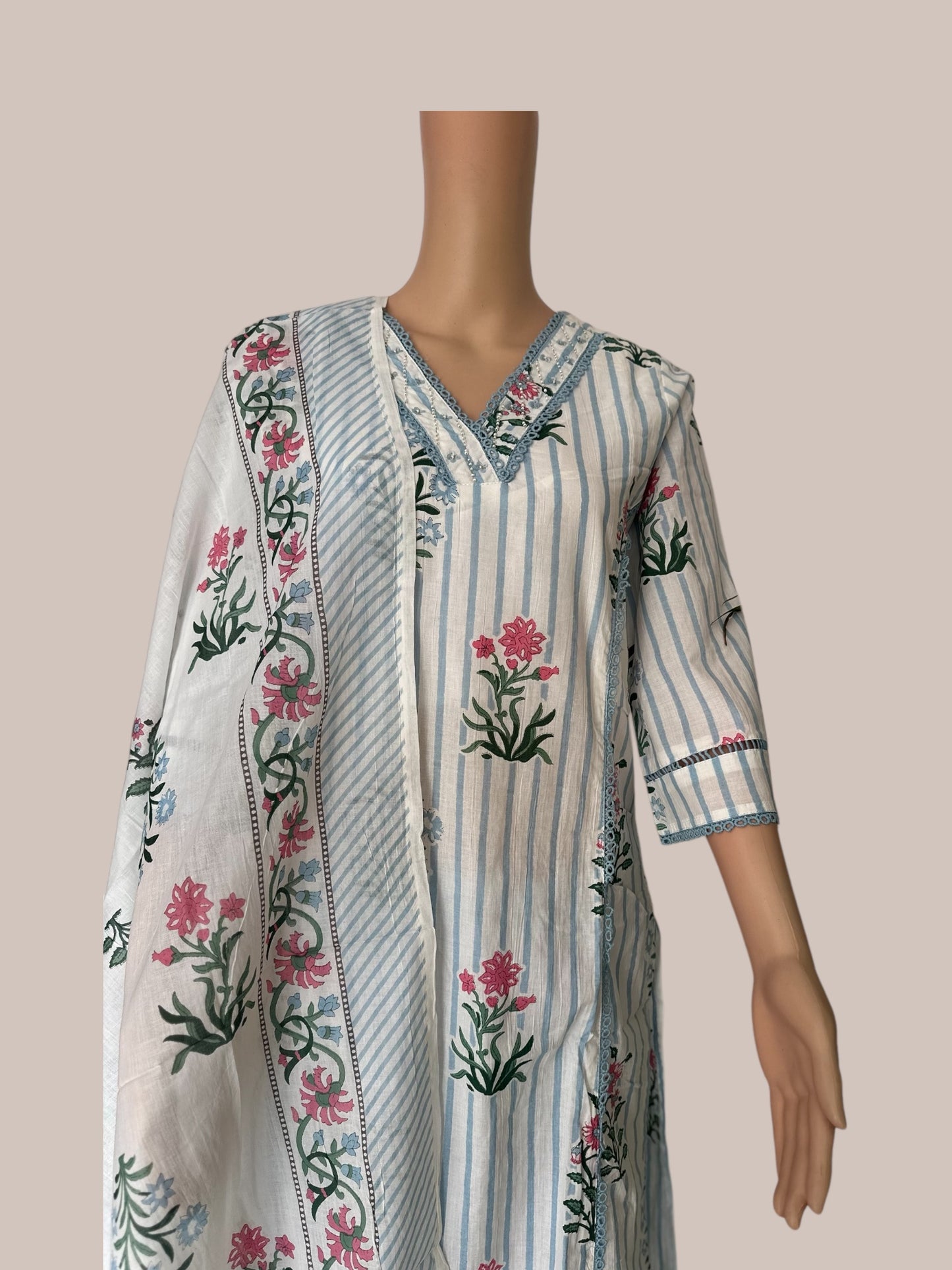 Blue stripe cotton printed kurti sets