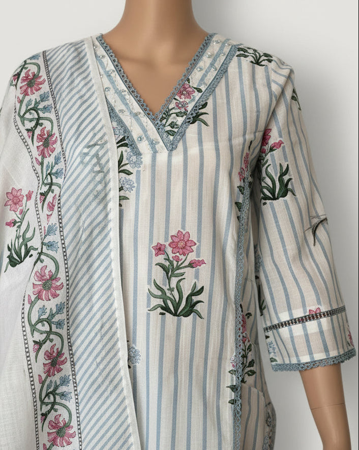 Blue stripe cotton printed kurti sets