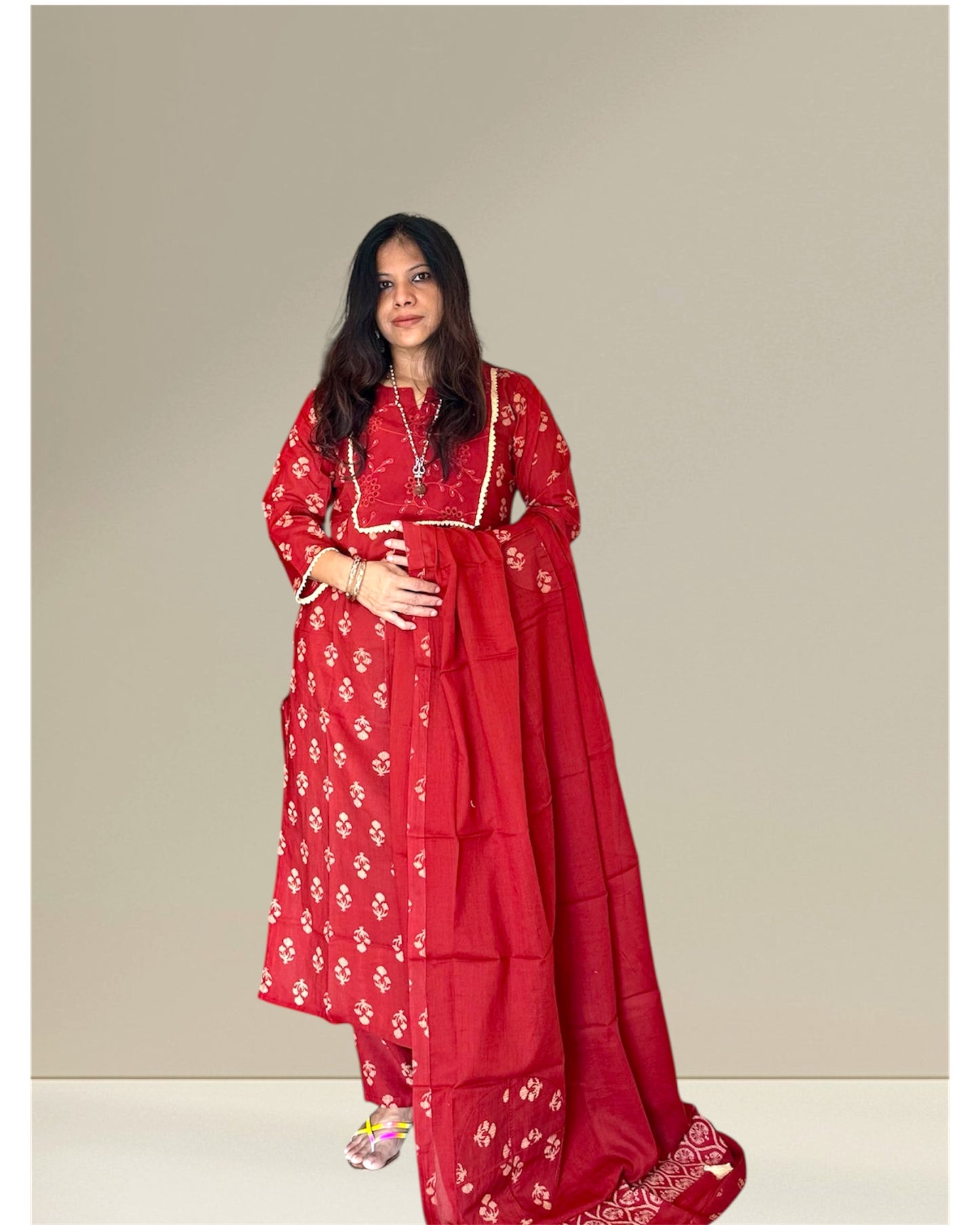 Red cotton printed kurti set