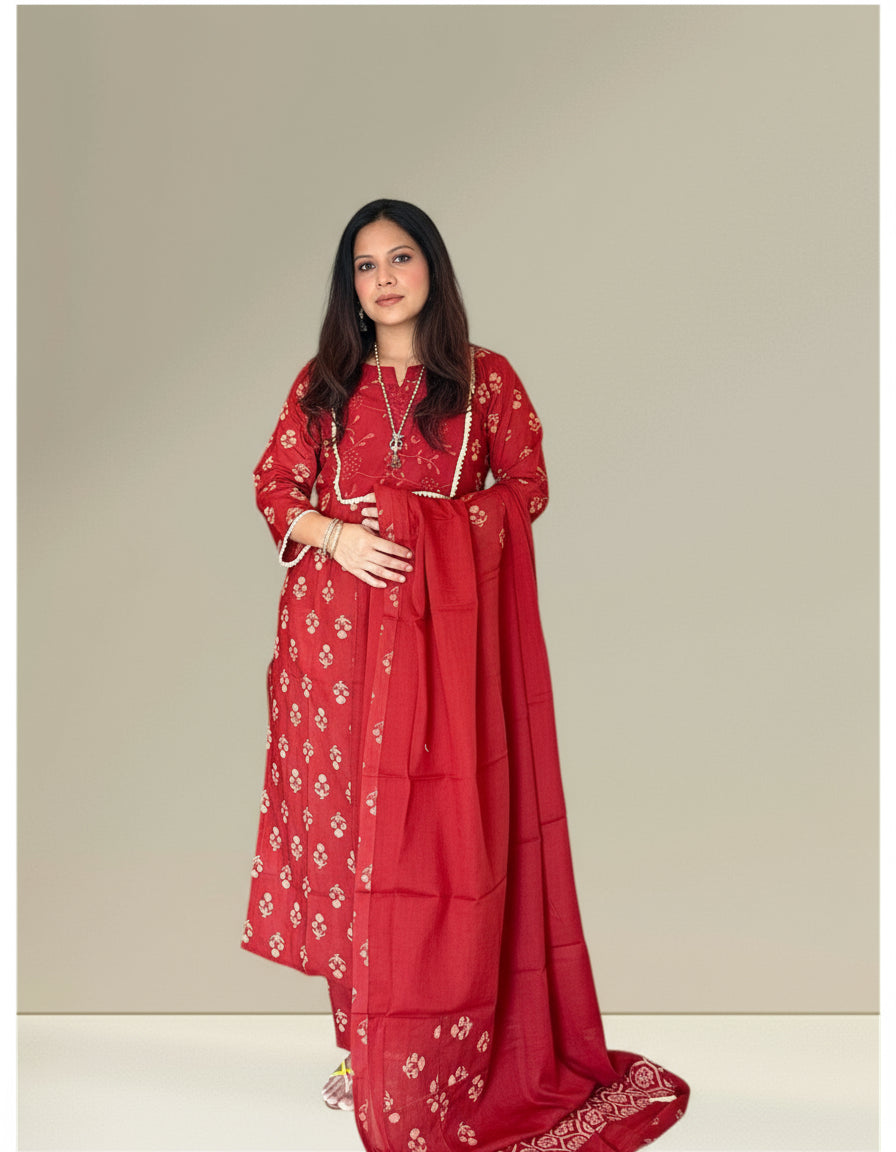 Red cotton printed kurti set