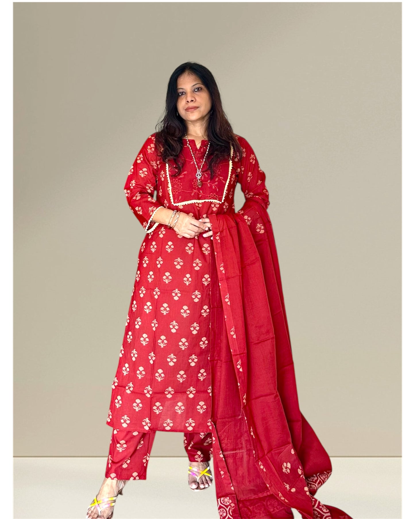 Red cotton printed kurti set