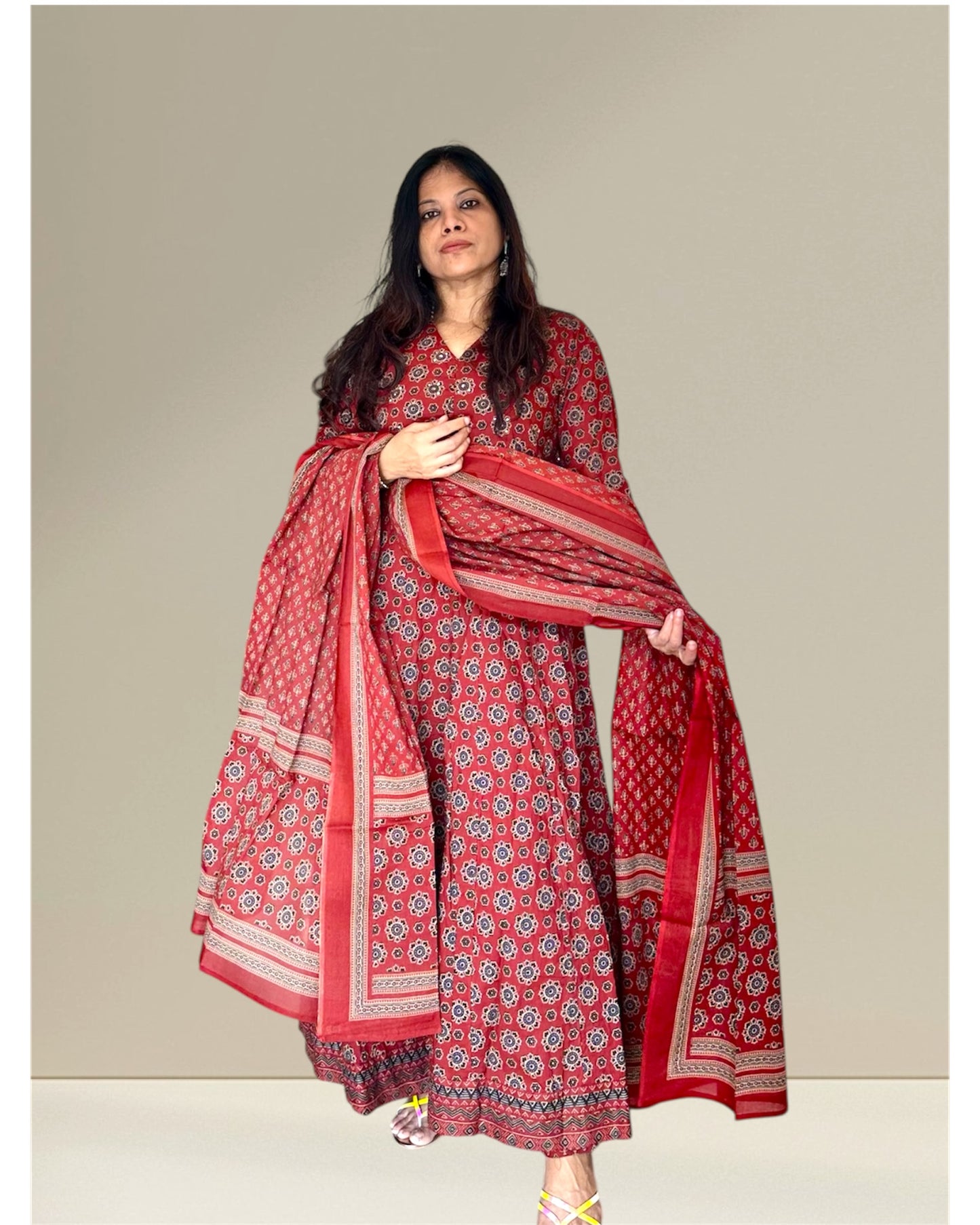 Red cotton printed Anarkali
