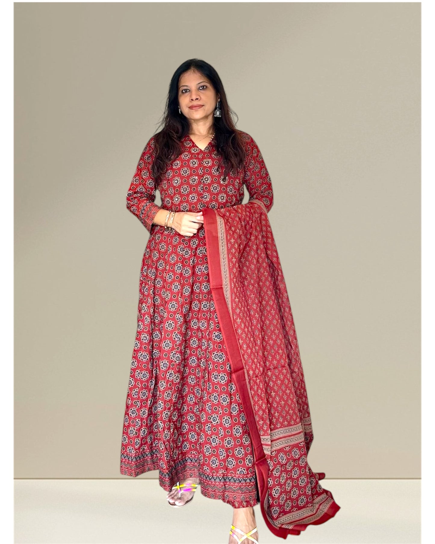 Red cotton printed Anarkali