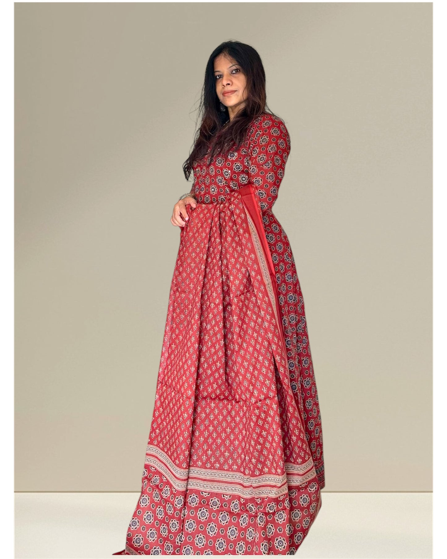 Red cotton printed Anarkali