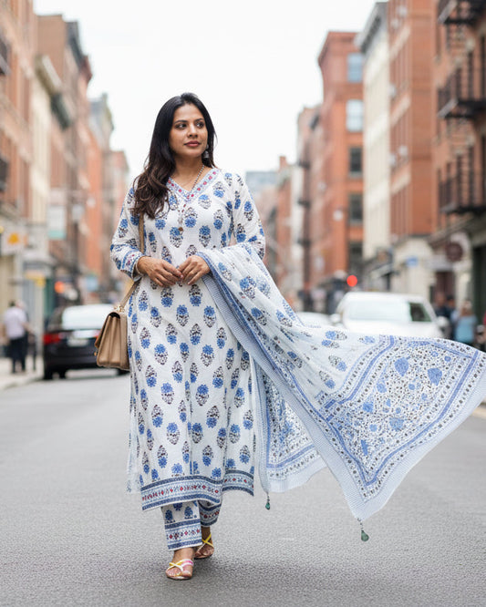white cotton printed kurti set