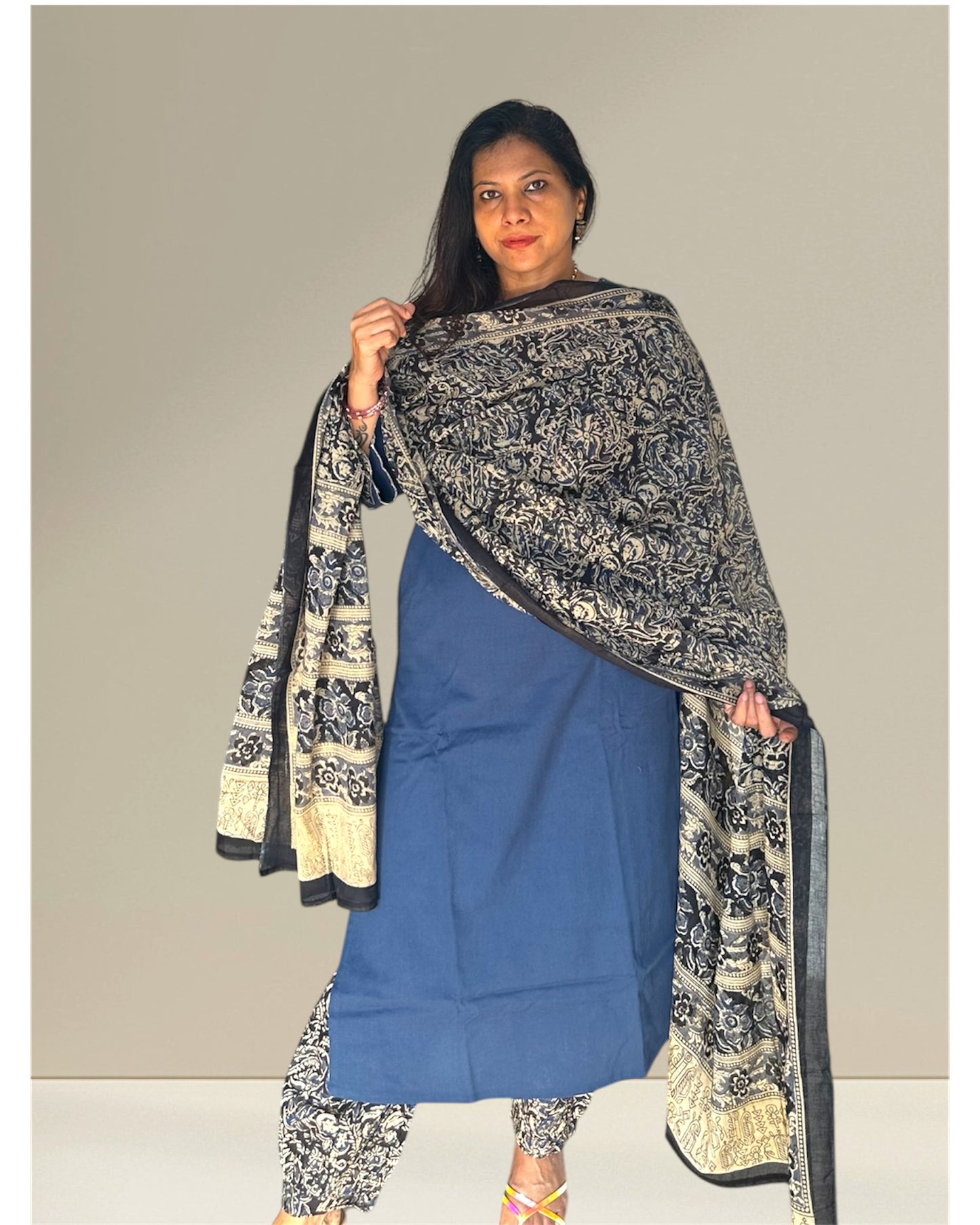 Blue cotton kurti set with appliqué work