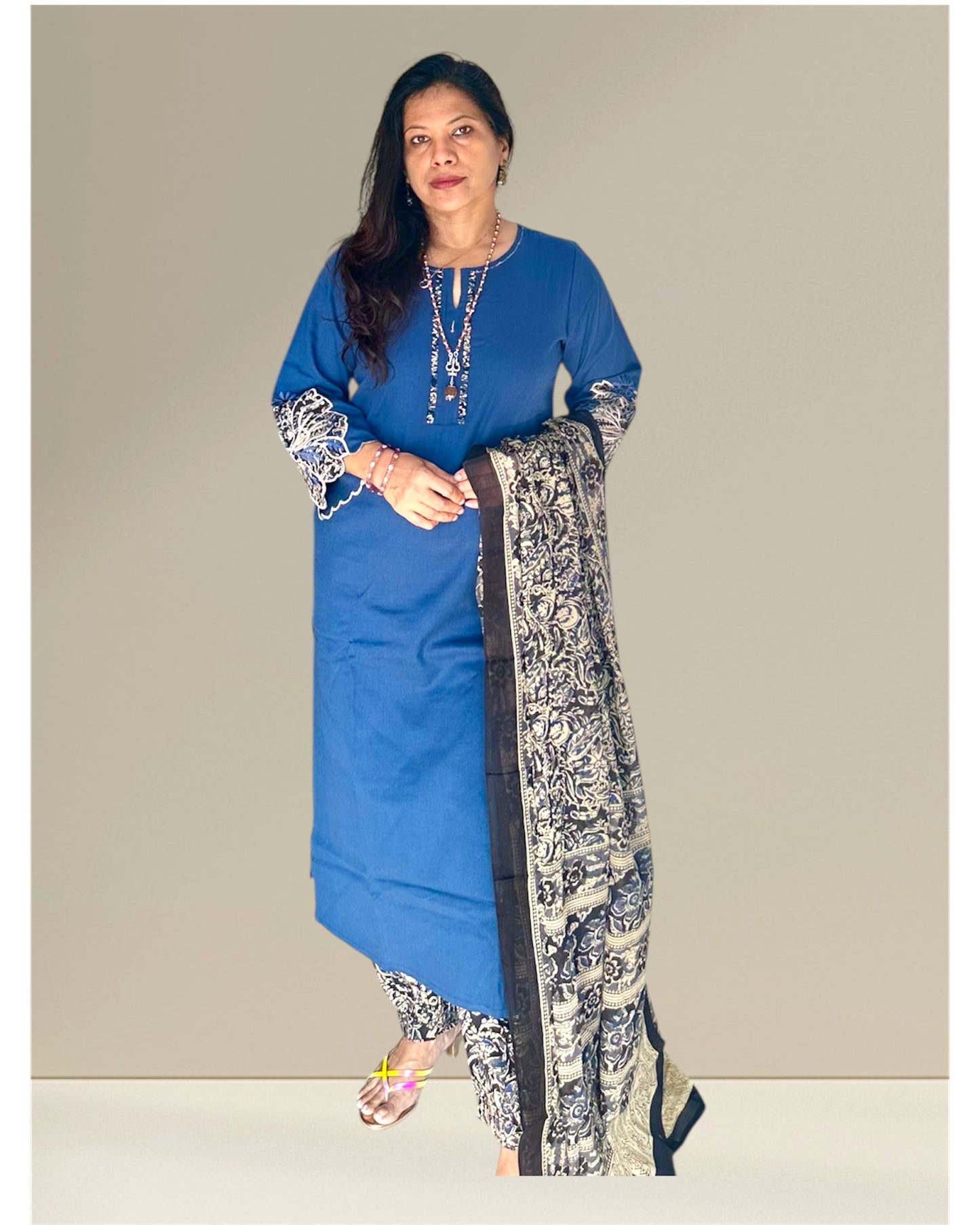 Blue cotton kurti set with appliqué work