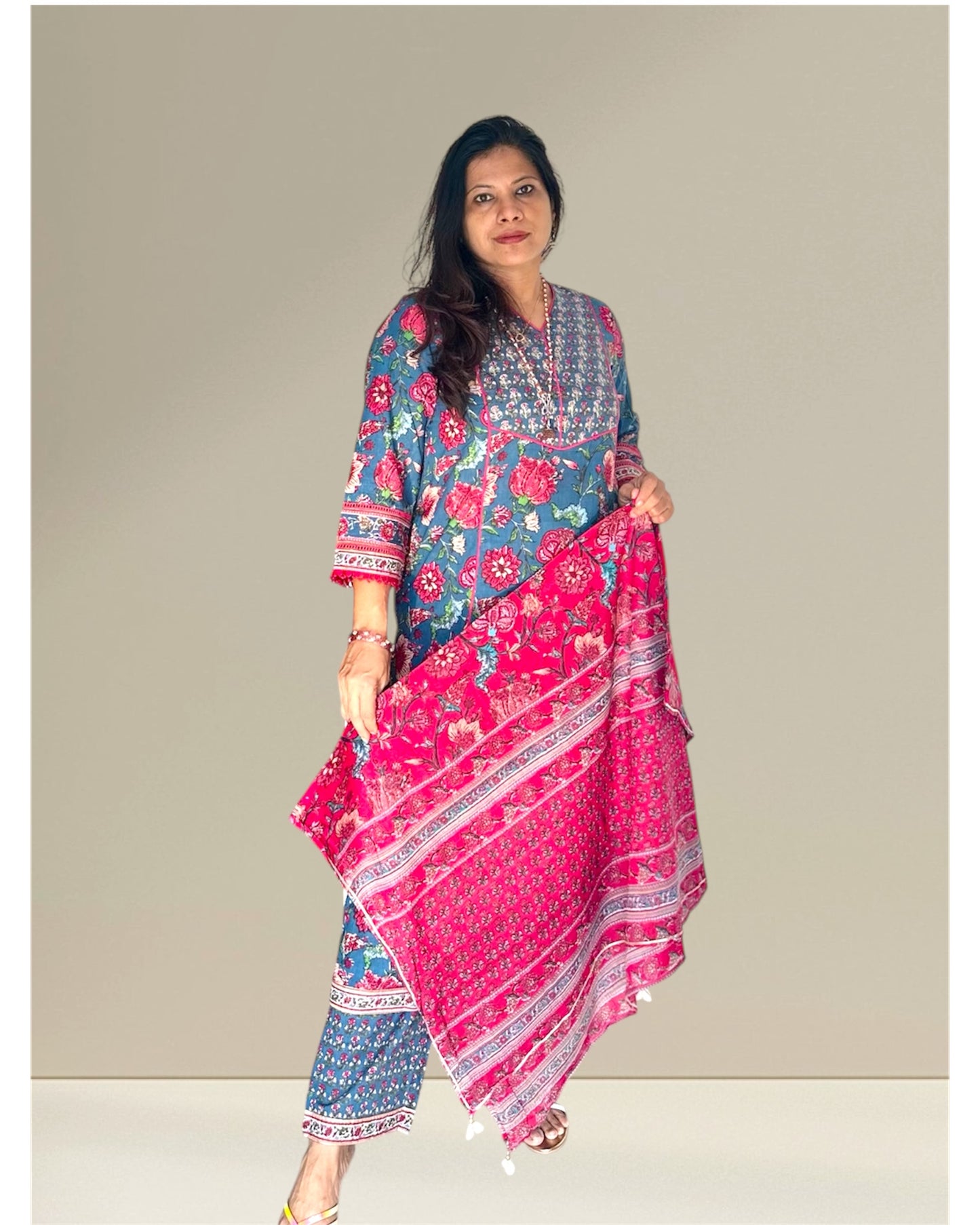 Blue and rani printed kurti set