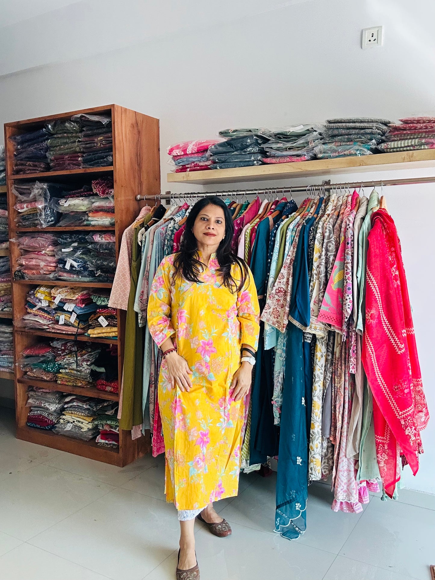 Yellow cotton printed Angarakha kurti