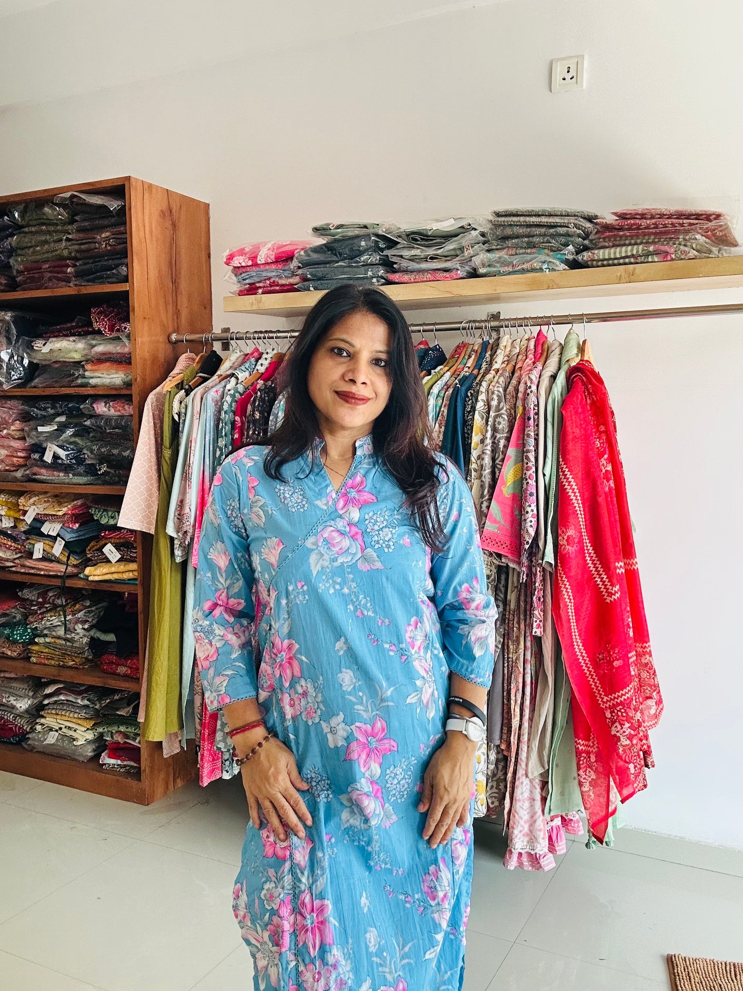 Blue cotton printed Angarakha kurti